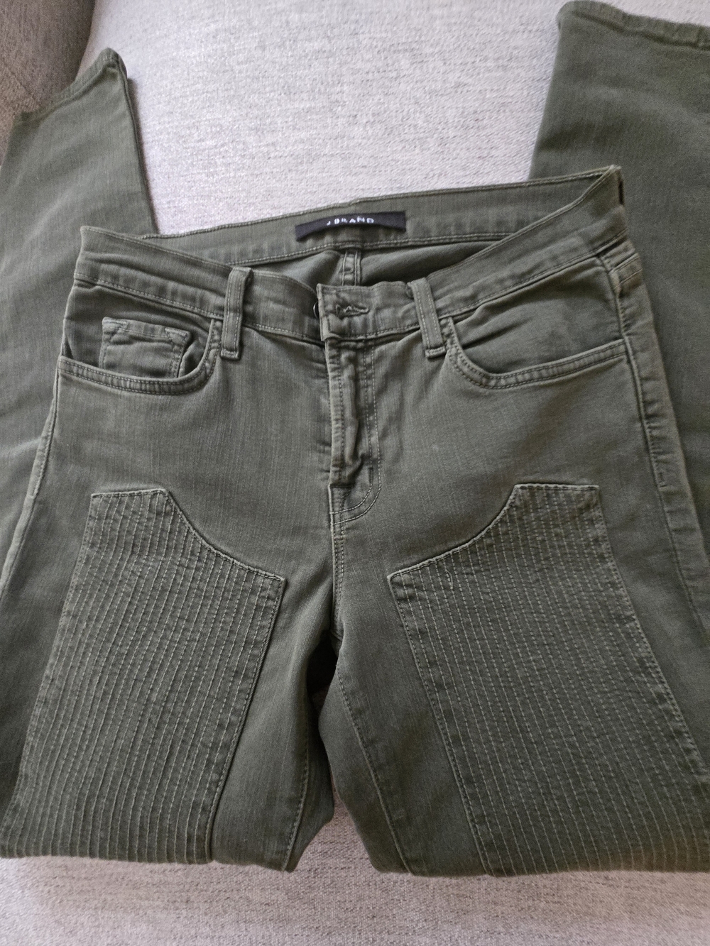 J Brand Olive Green Slim-Straight Jeans with Quilted Knee Panels